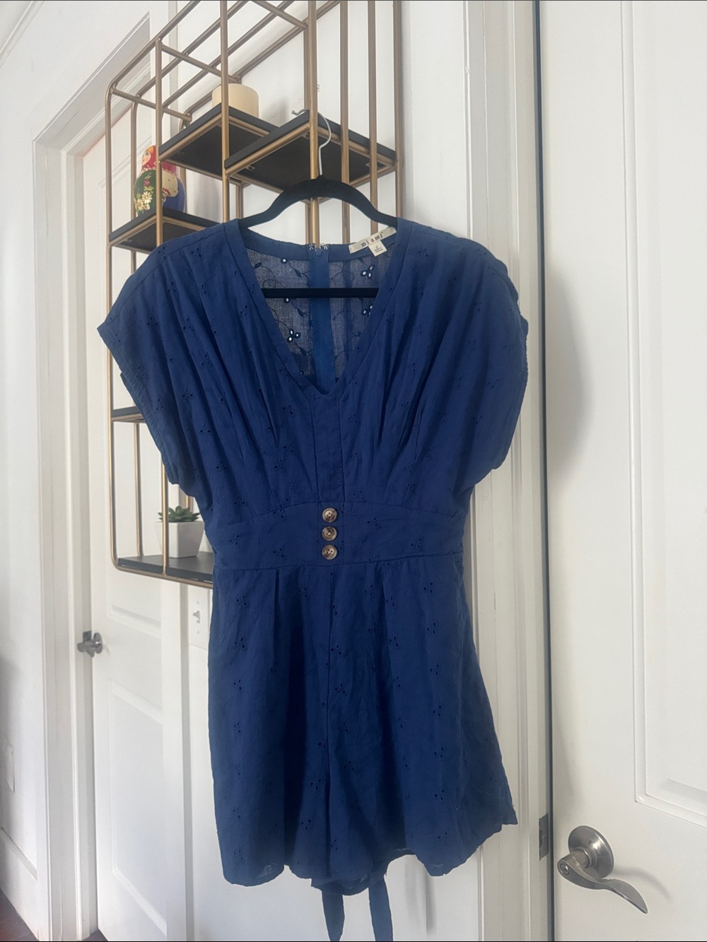 miami Navy Eyelet V-Neck Romper with Buttoned Waist